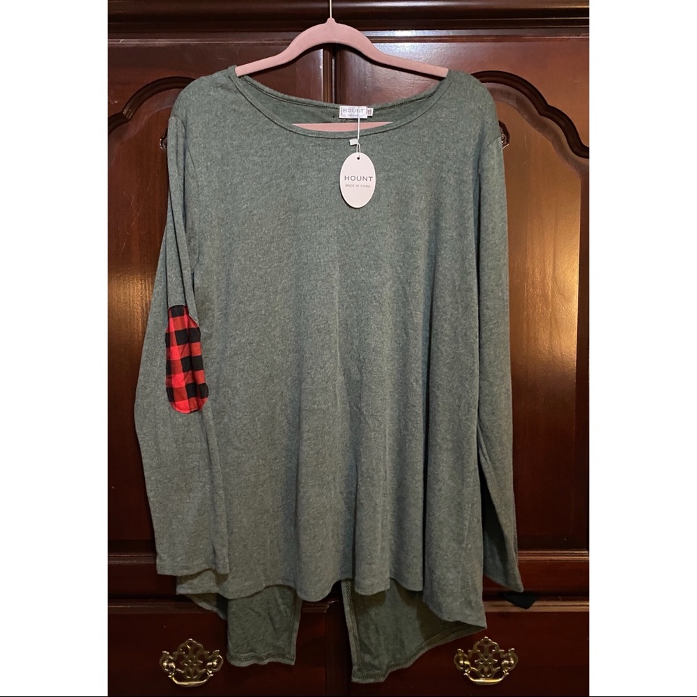 Grey shirt with Buffalo plaid elbow pads & buttons